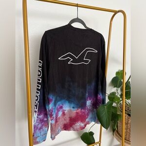 Hollister Shirt Men Medium Black Ty Dye Crew Neck Graphic Tee TShirt Long Sleeve